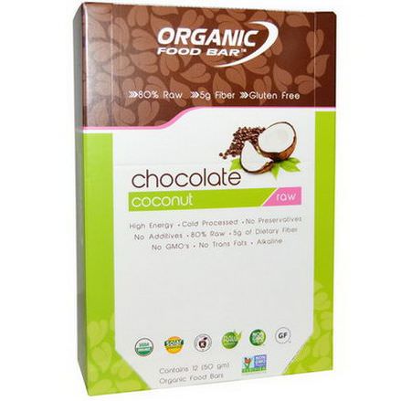Organic Food Bar, Raw Chocolate Coconut, 12 Bars, 50g Each
