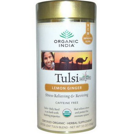 Organic India, Loose Leaf Tulsi Blend Tea, Lemon Ginger, Caffeine-Free 100g