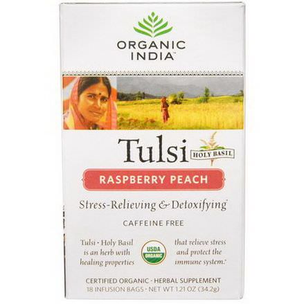 Organic India, Tulsi Holy Basil, Raspberry Peach, Caffeine Free, 18 Infusion Bags 34.2g