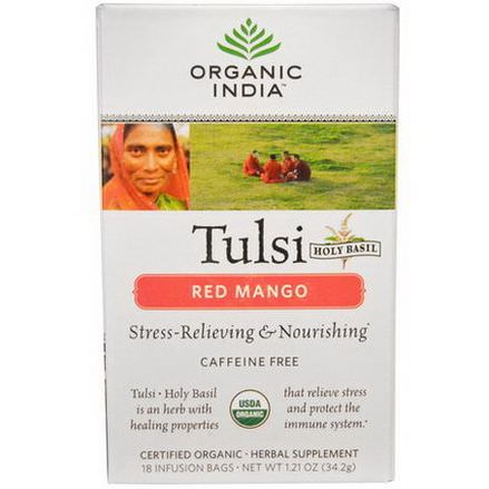 Organic India, Tulsi Holy Basil Tea, Caffeine-Free, Red Mango, 18 Infusion Bags 34.2g