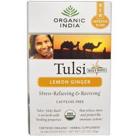 Organic India, Tulsi Holy Basil Tea, Lemon Ginger, Caffeine Free, 18 Infusion Bags 36g