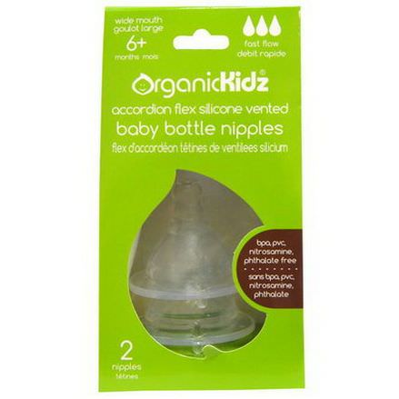 Organic Kidz, Accordion Flex Silicone Vented Baby Bottle Nipples, Wide Mouth, Fast Flow, 2 Nipples