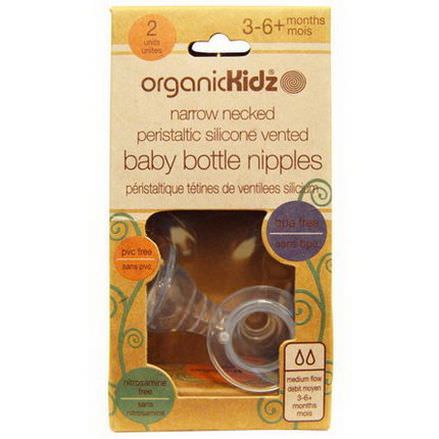 Organic Kidz, Narrow Necked Peristaltic Silicone Vented Baby Bottle Nipples, 3-6 Months, 2 Units