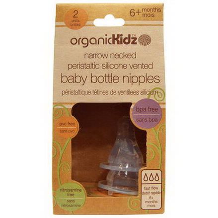Organic Kidz, Narrow Necked Peristaltic Silicone Vented Baby Bottle Nipples, 6+ Months, 2 Units