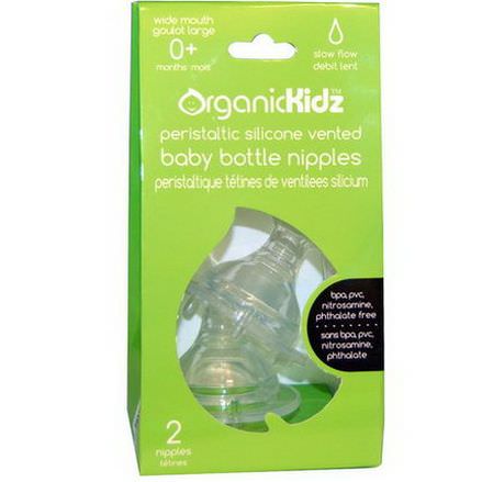 Organic Kidz, Peristaltic Silicone Vented Baby Bottle Nipples, Wide Mouth, Slow Flow, 2 Nipples