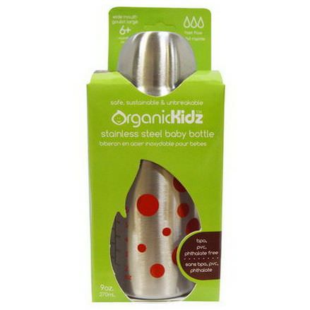 Organic Kidz, Stainless Steel Baby Bottle, Wide Mouth, Fast Flow, Red Dots 270ml