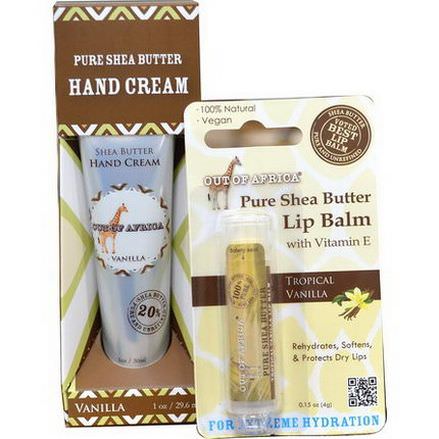 Out of Africa, Hand Cream, Vanilla&Lip Balm, Tropical Vanilla, Pure Shea Butter, 2 Piece Travel Kit
