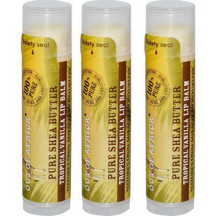 Out of Africa, Pure Shea Butter Lip Balm, Tropical Vanilla, 3 Pack 4g Each