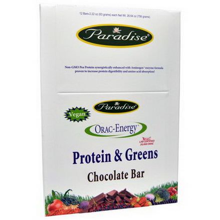 Paradise Herbs, ORAC-Energy, Protein&Greens, Chocolate Bar, 12 Bars 63g Each