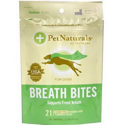Pet Naturals of Vermont, Breath Bites For Dogs, Chicken Liver Flavor, Sugar Free, 21 Chews 31.5g