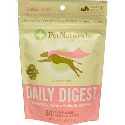 Pet Naturals of Vermont, Daily Digest For Dogs, 60 Duck Flavored Bone-Shaped Chews 72g