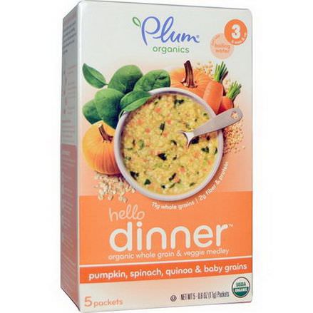 Plum Organics, Hello Dinner, Pumpkin, Spinach, Quinoa&Baby Grains, 5 Packets 17g Each