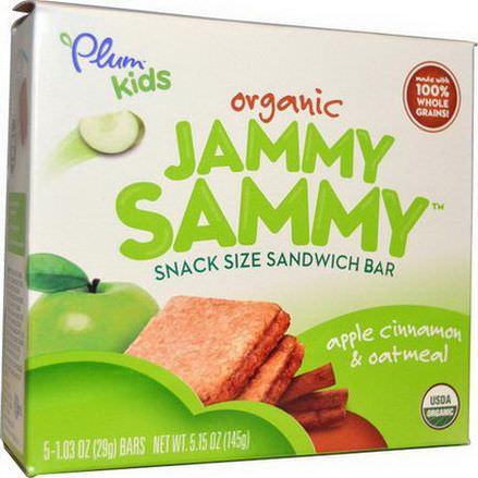 Plum Organics, Kids, Organic Jammy Sammy, Apple Cinnamon&Oatmeal, 5 Bars 29g Each