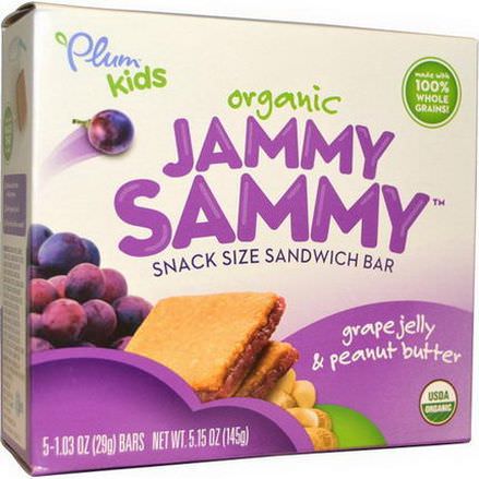 Plum Organics, Kids, Organic Jammy Sammy, Grape Jelly&Peanut Butter, 5 Bars 29g Each