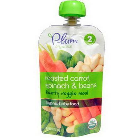 Plum Organics, Organic Baby Food, Hearty Veggie Meal, Stage 2, Roasted Carrot, Spinach&Beans 99g