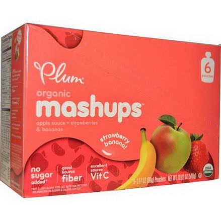 Plum Organics, Organic Mashups, Apple Sauce Strawberries&Bananas, 6 Pouches 90g Each