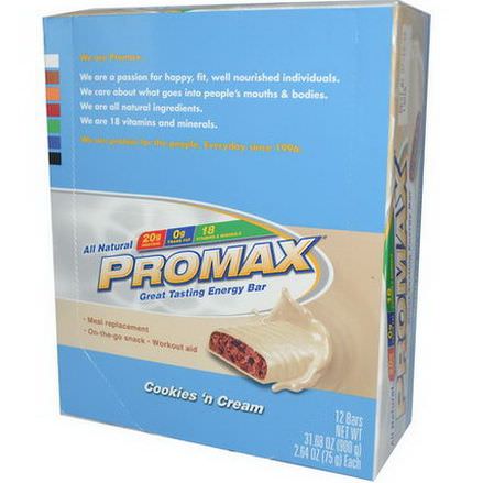 Promax Nutrition, Energy Bars, Cookies'N Cream, 12 Bars 75g Each