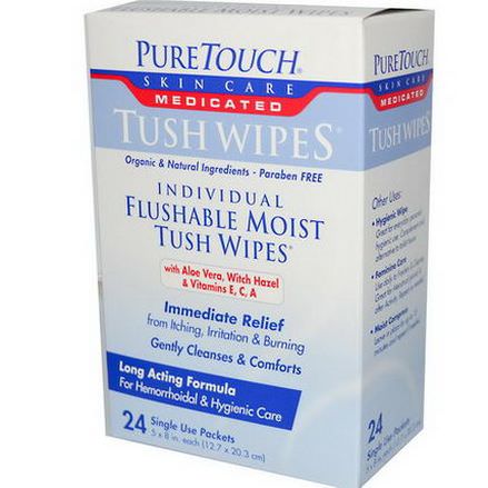 PureTouch Skin Care, Medicated Tush Wipes, 24 Single Use Packets, 5 in x 8 in Each