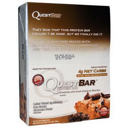 Quest Nutrition, QuestBar, Protein Bar, Chocolate Chip Cookie Dough, 12 Bars 60g Each