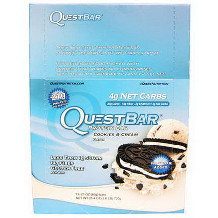 Quest Nutrition, QuestBar, Protein Bar, Cookies&Cream, 12 Bars 60g Each