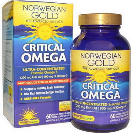 Renew Life, Critical Omega, Ultra-Concentrated, Natural Orange Flavor, 1200mg, 60 Enteric-Coated Softgels