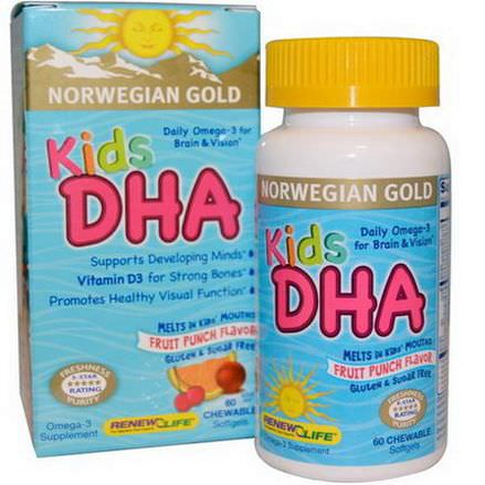 Renew Life, Norwegian Gold, Kids DHA, Fruit Punch Flavor, 60 Chewable Softgels