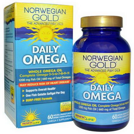 Renew Life, Norwegian Gold, The Advanced Fish Oils, Daily Omega, Natural Orange Flavor, 60 Enteric-Coated Softgels