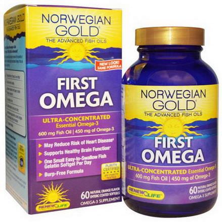 Renew Life, Norwegian Gold The Advanced Fish Oils, First Omega, Natural Orange Flavor, 60 Enteric-Coated Softgels