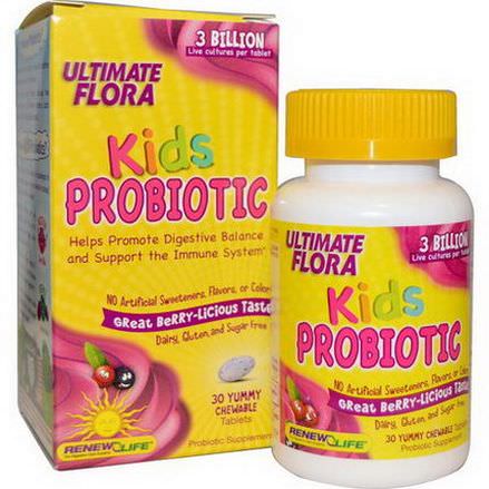 Renew Life, Ultimate Flora, Kids Probiotic, Berry, 30 Chewable Tablets
