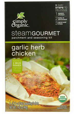 Simply Organic, Steam Gourmet, Parchment and Seasoning Kit, Garlic Herb Chicken, 2 Packets 20g Each