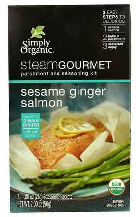 Simply Organic, Steam Gourmet, Parchment and Seasoning Kit, Sesame Ginger Salmon, 2 Packets 28g Each