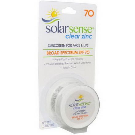 Solar Sense, Clear Zinc, Sunscreen, SPF 70, Face&Lips 14g
