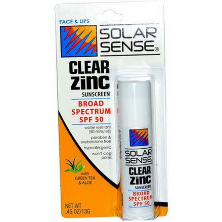 Solar Sense, Clear Zinc Sunscreen Stick, Broad Spectrum SPF 50, Face&Lips 13g