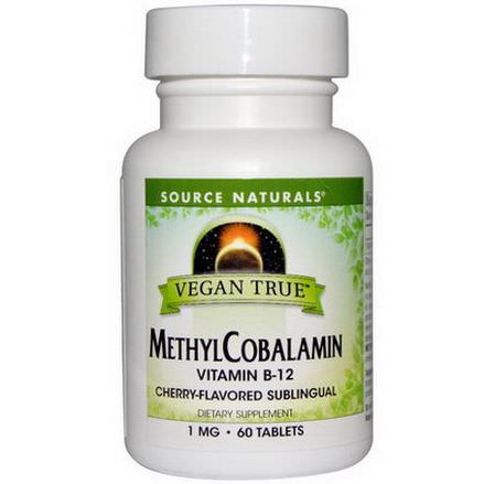 Source Naturals, Vegan True, MethylCobalamin, Cherry Flavor, 1mg, 60 Sublingual Tablets