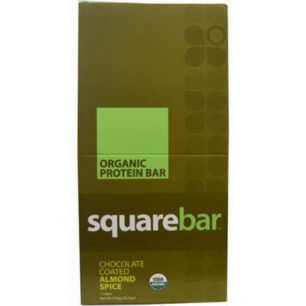 Squarebar, Organic Protein Bar, Chocolate Coated Almond Spice, 12 Bars 48g Each
