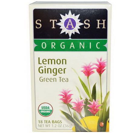 Stash Tea, Organic Premium, Green Tea, Lemon Ginger, 18 Tea Bags 36g