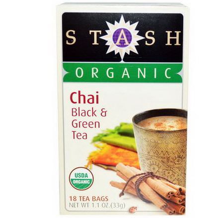 Stash Tea, Premium, Organic, Chai, Black&Green Tea, 18 Tea Bags 33g