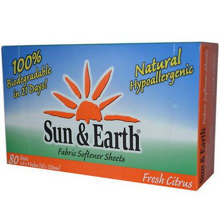 Sun&Earth, Fabric Softener Sheets, Fresh Citrus, 80 Sheets, 6.4