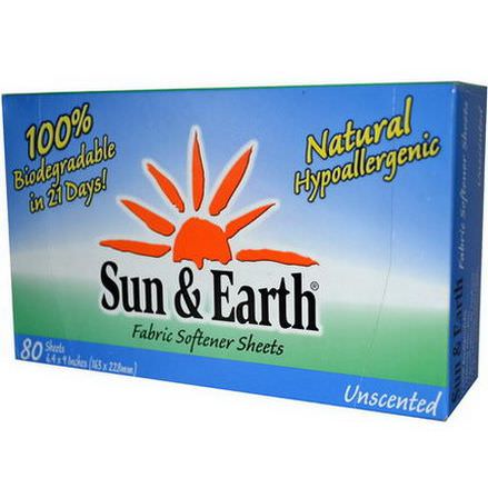 Sun&Earth, Fabric Softener Sheets, Unscented, 80 Sheets, 6.4 in x 9 in Each