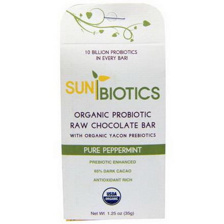Sunbiotics, Organic Probiotic Raw Chocolate Bar, Pure Peppermint 35g