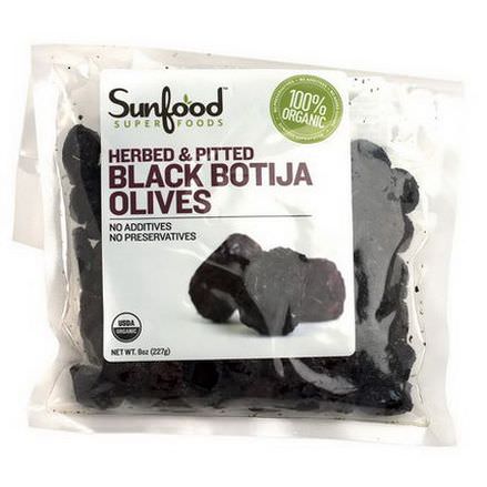 Sunfood, Organic Black Botija Olives, Herbed&Pitted 227g