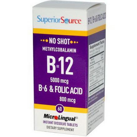 Superior Source, Methylcobalamin B12 5000mcg, B-6&Folic Acid 800mcg MicroLingual, 60 Tablets
