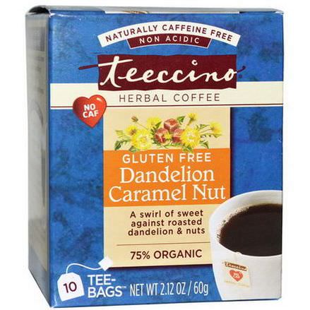 Teeccino, Herbal Coffee, Dandelion Caramel Nut, Caffeine Free, 10 Tee Bags 60g