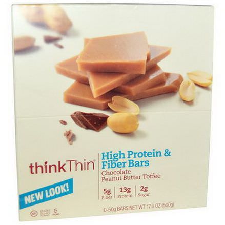 ThinkThin, High Protein&Fiber Bars, Chocolate Peanut Butter Toffee, 10 Bars 50g Each