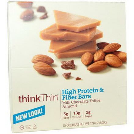 ThinkThin, High Protein&Fiber Bars, Milk Chocolate Toffee Almond, 10 Bars 50g Each