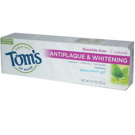 Tom's of Maine, Fluoride-Free Antiplaque&Whitening Toothpaste, Spearmint Gel 133g