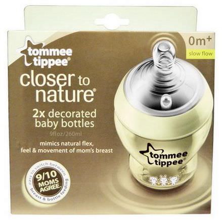 Tommee Tippee, Closer to Nature, Decorated Baby Bottles, Boy, Slow Flow, 2 Bottles 260ml Each
