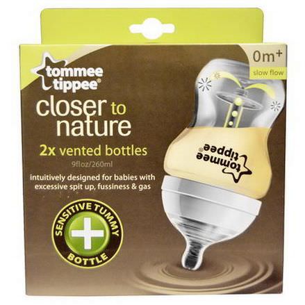 Tommee Tippee, Closer to Nature, Vented Bottles, Slow Flow, 0m+, 2 Bottles 260ml Each