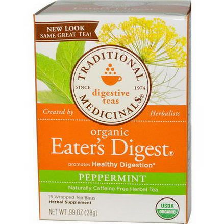 Traditional Medicinals, Digestive Teas, Organic Eater's Digest, Peppermint, Caffeine Free, 16 Wrapped Tea Bags 28g