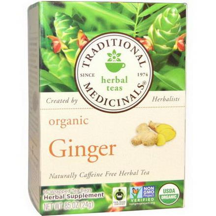 Traditional Medicinals, Herbal Teas, Organic Ginger, Caffeine Free, 16 Wrapped Tea Bags 24g Each